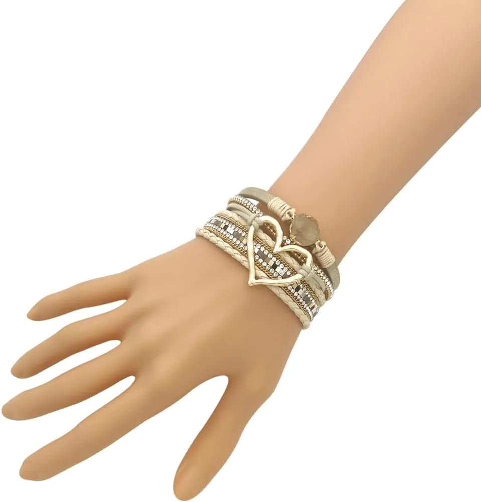 P Ammy Fashion Women's Multi-layer Love Heart Leather Wrap Bracelets Stackable Boho Bangles Bohemian Cuff with Magnetic Clasp Jewelry Gift