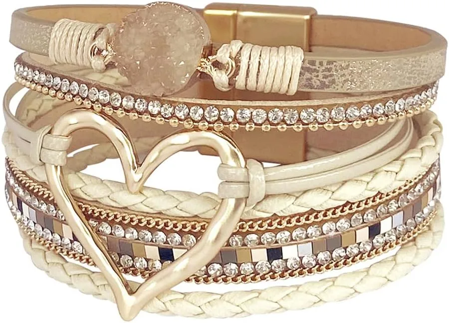 P Ammy Fashion Women's Multi-layer Love Heart Leather Wrap Bracelets Stackable Boho Bangles Bohemian Cuff with Magnetic Clasp Jewelry Gift