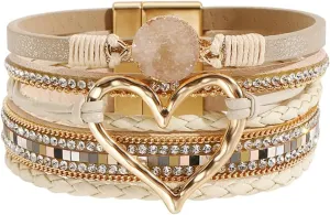 P Ammy Fashion Women's Multi-layer Love Heart Leather Wrap Bracelets Stackable Boho Bangles Bohemian Cuff with Magnetic Clasp Jewelry Gift