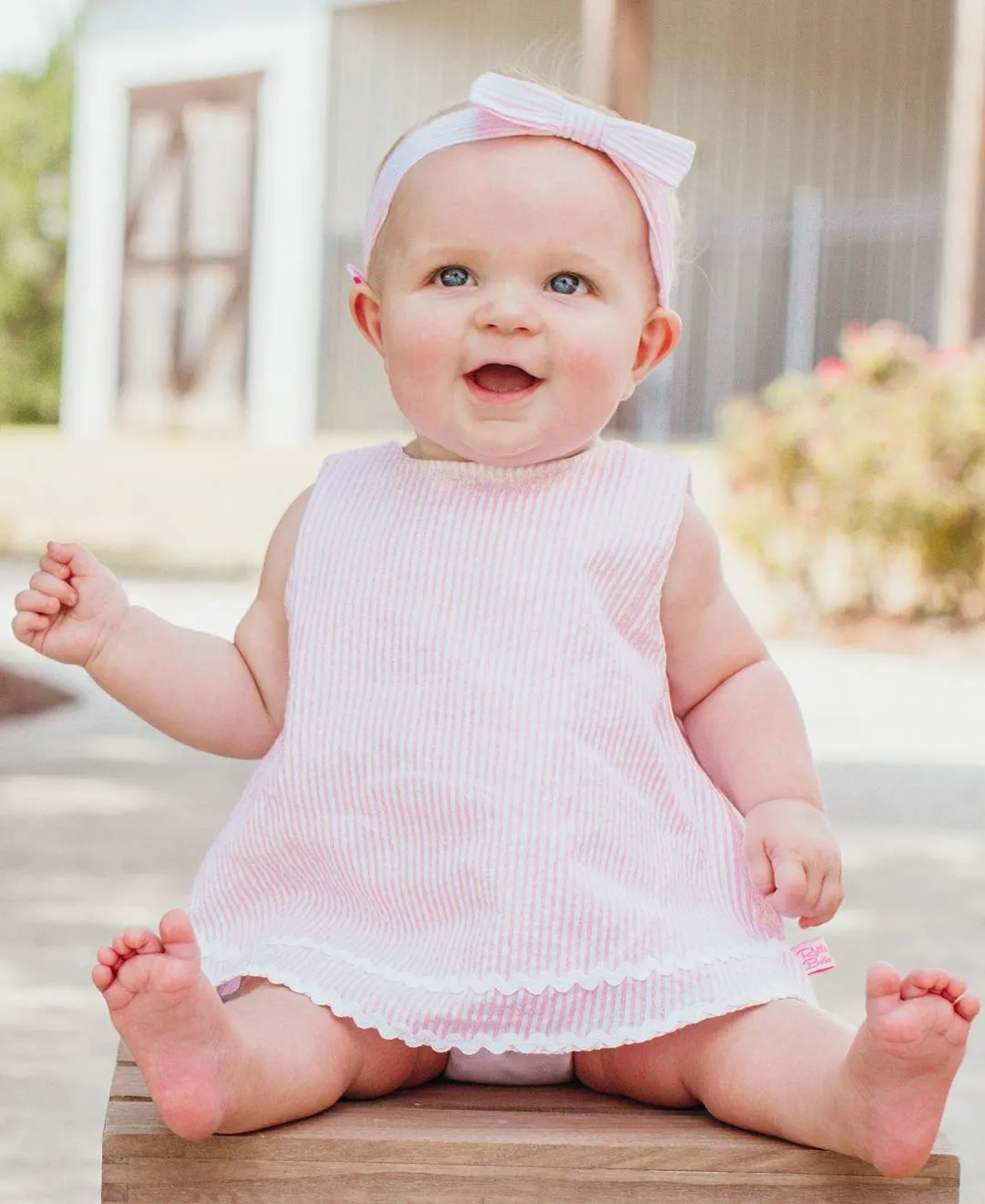 RuffleButts Baby/Toddler Girls Pink Seersucker Bow Headband - 0-24m