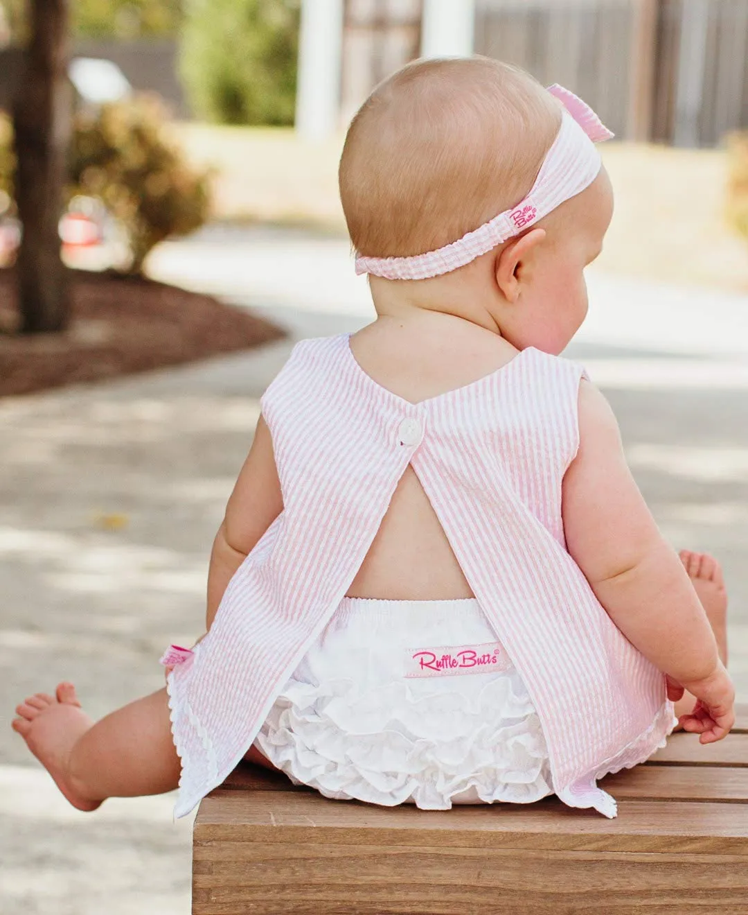 RuffleButts Baby/Toddler Girls Pink Seersucker Bow Headband - 0-24m