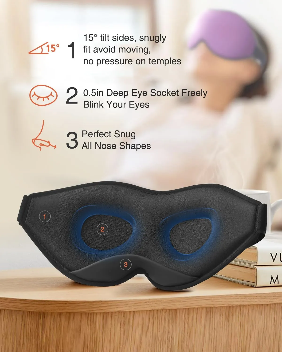 Sleep Mask for Side Sleeper, Eye Mask for Sleeping Women Men, 3D Contoured Cup No Eye Pressure 100% Light Blocking Sleeping Mask with Adjustable Strap Night Blindfold Flight, Travel, Nap, Purple