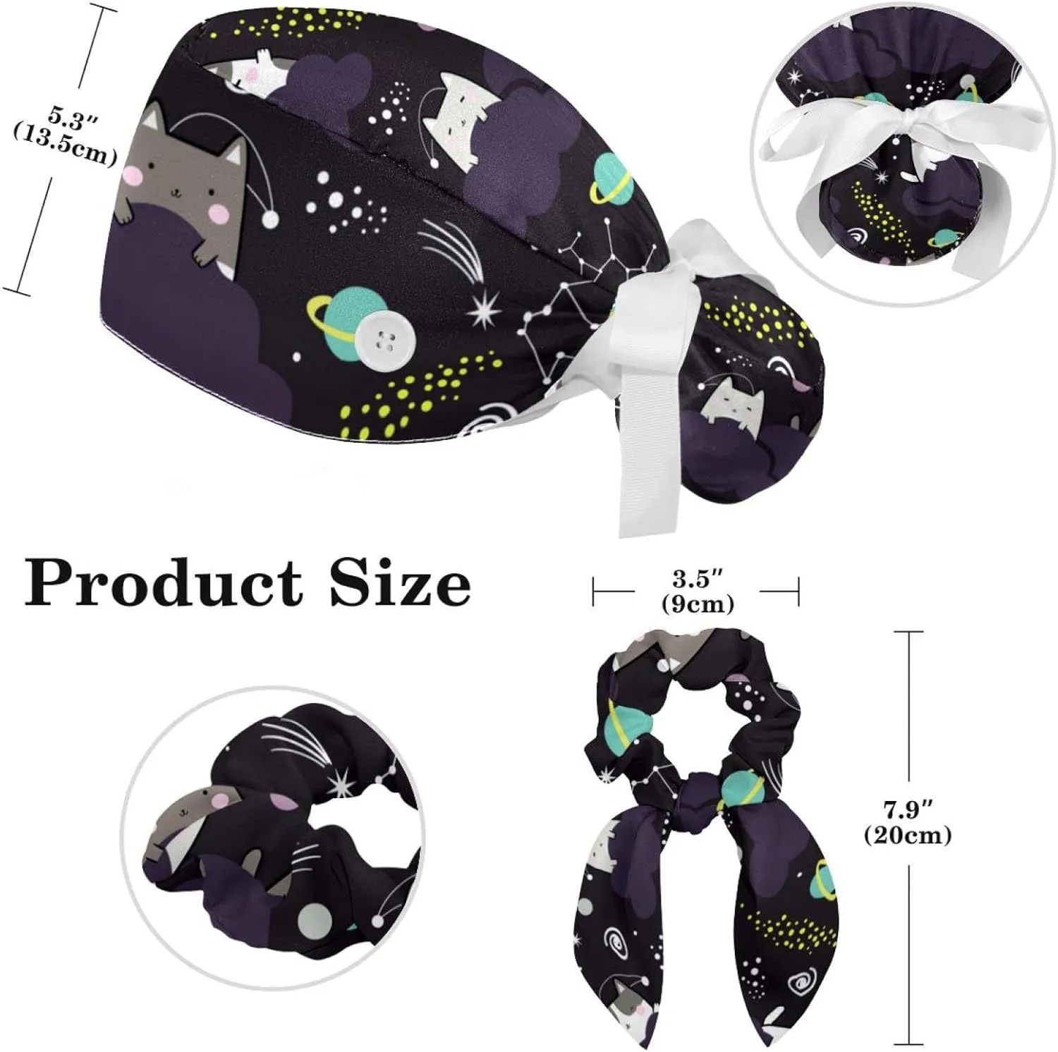 Space Cats Cute Scrub Caps Surgical Women with Button Adjustable Hats Surgical Caps with Scrunchie for Women
