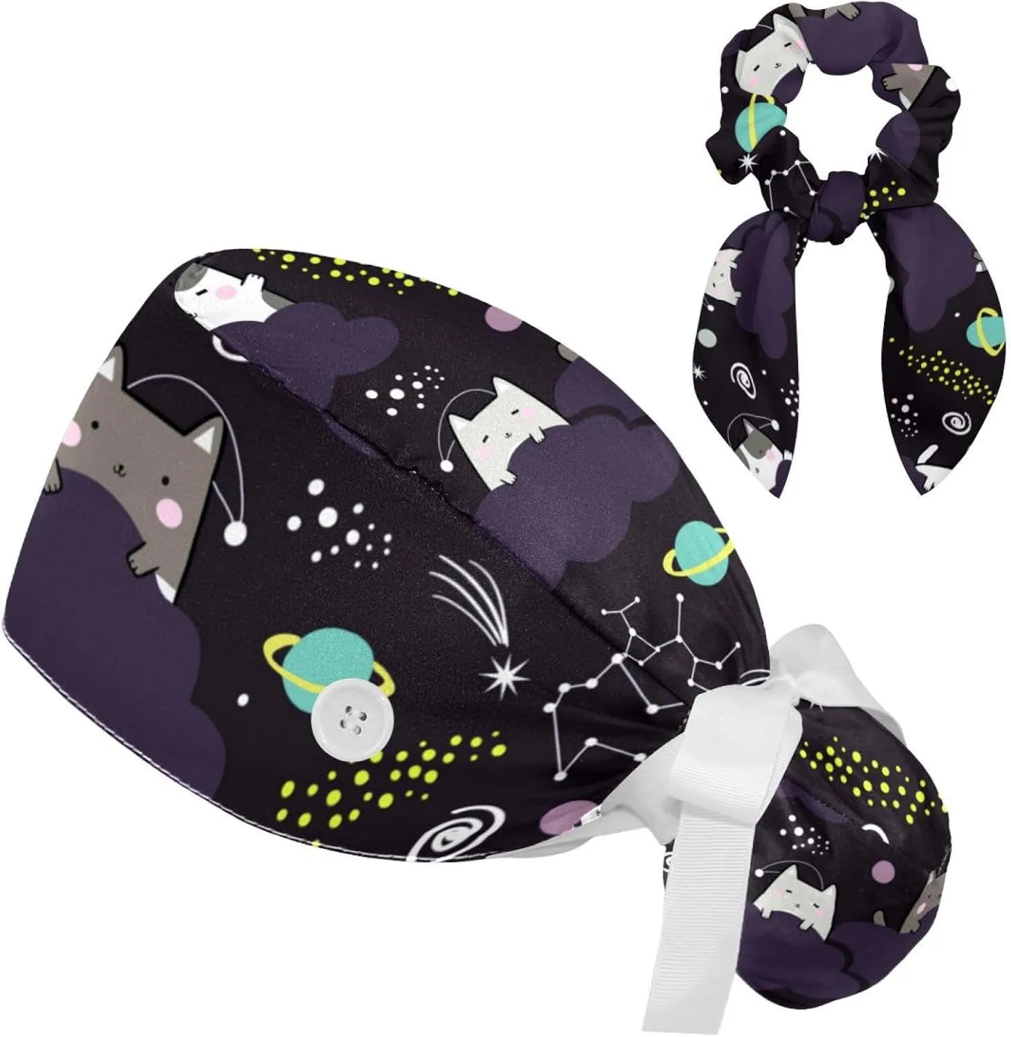 Space Cats Cute Scrub Caps Surgical Women with Button Adjustable Hats Surgical Caps with Scrunchie for Women