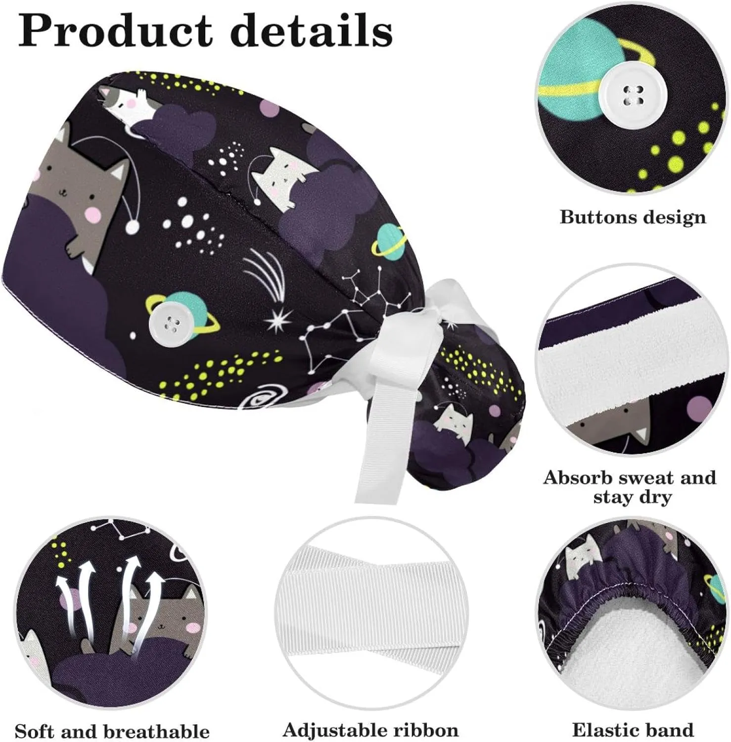 Space Cats Cute Scrub Caps Surgical Women with Button Adjustable Hats Surgical Caps with Scrunchie for Women