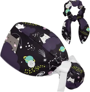 Space Cats Cute Scrub Caps Surgical Women with Button Adjustable Hats Surgical Caps with Scrunchie for Women