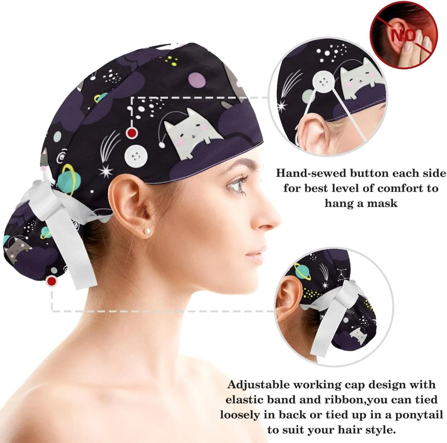 Space Cats Cute Scrub Caps Surgical Women with Button Adjustable Hats Surgical Caps with Scrunchie for Women