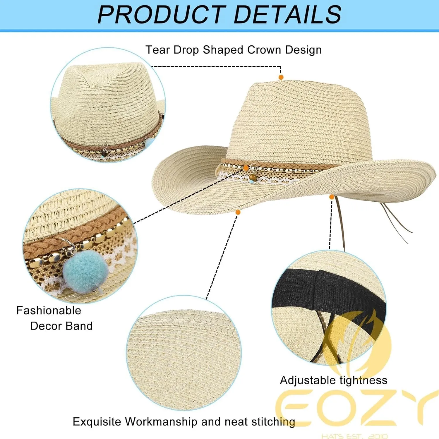 Straw Cowboy Hat for Women Men Girls Roll up Wide Brim Western Cowgirl Summer Beach Sun Hats