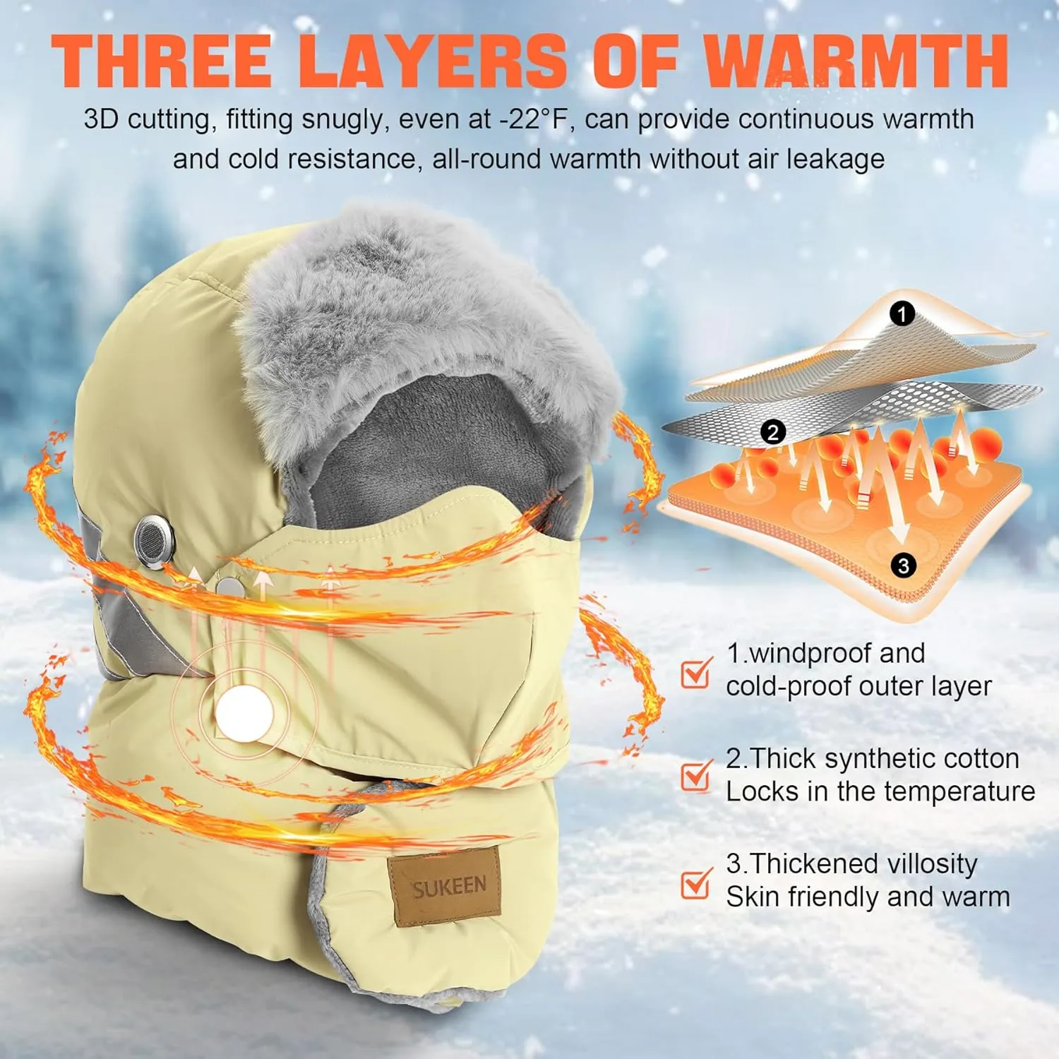 Sukeen Trapper Hats Windproof Winter Hat Water Repellent Warm Hat Lightweight Earflap Hat with Mask for Cold Snow Weather